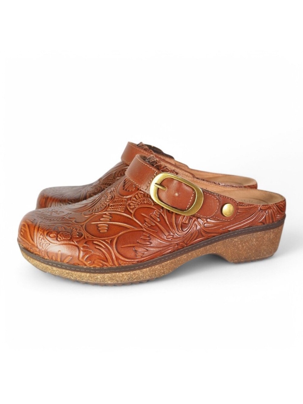 NWOT BRIOSO Robson Embossed Tooled Leather Slip-on Clogs Brown 8M Stunning